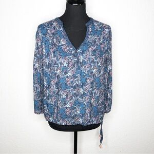 Megan Park blue pink floral tassel tie waist popover top size Large